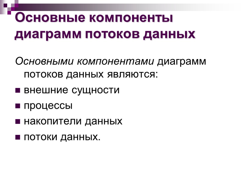 Основные компоненты диаграмм потоков данных Основными компонентами диаграмм потоков данных являются: внешние сущности процессы